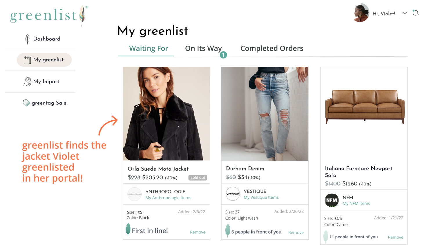 2: Millie returns the same jacket,  and greenlist finds a match!